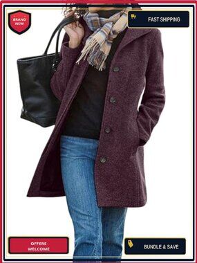 Wool Blend Stand Collar Single Breasted Pea Coat Midi Long Sleeve